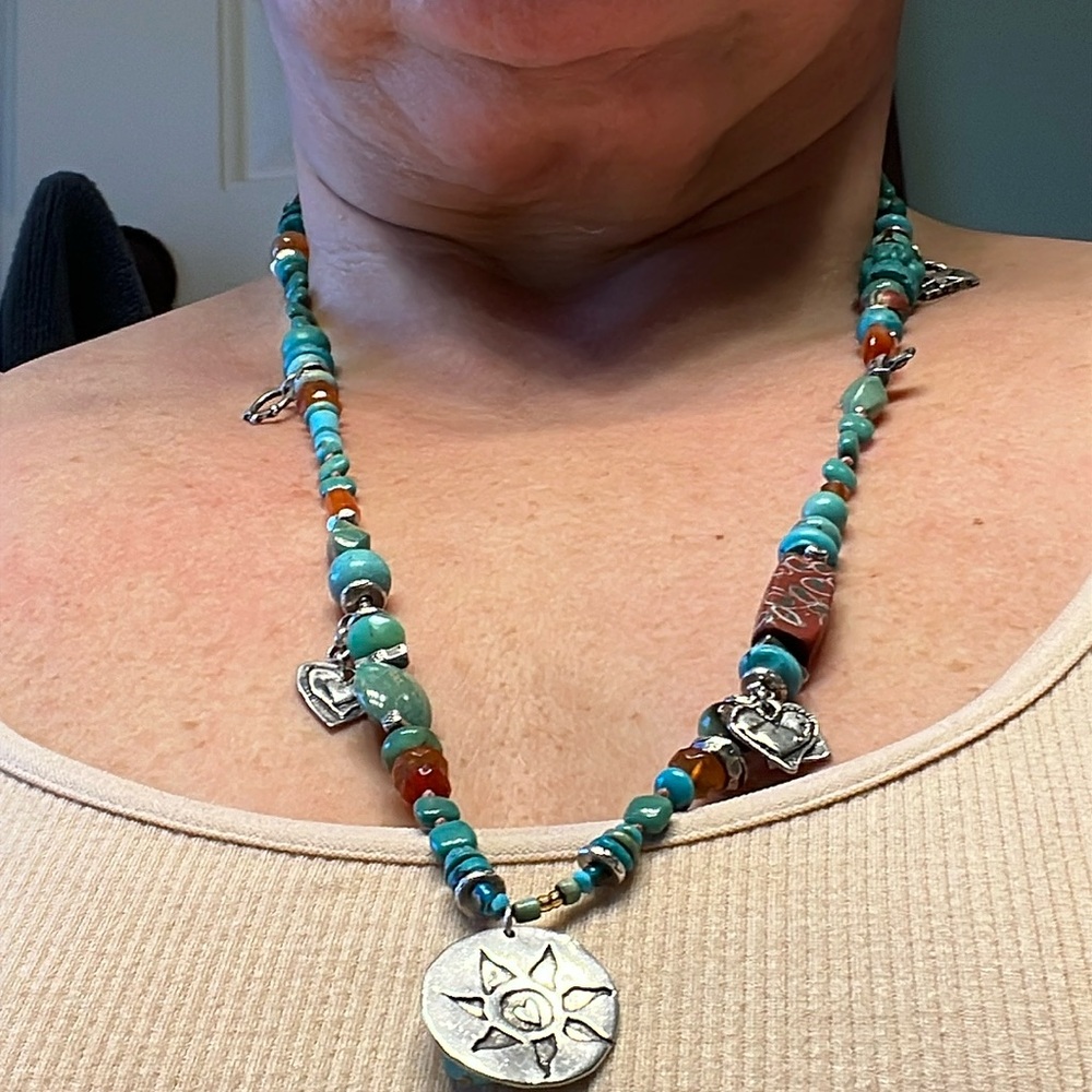 Jes Maharry Sterling Silver Turquoise and Amber Beaded Sun Pendant Necklace